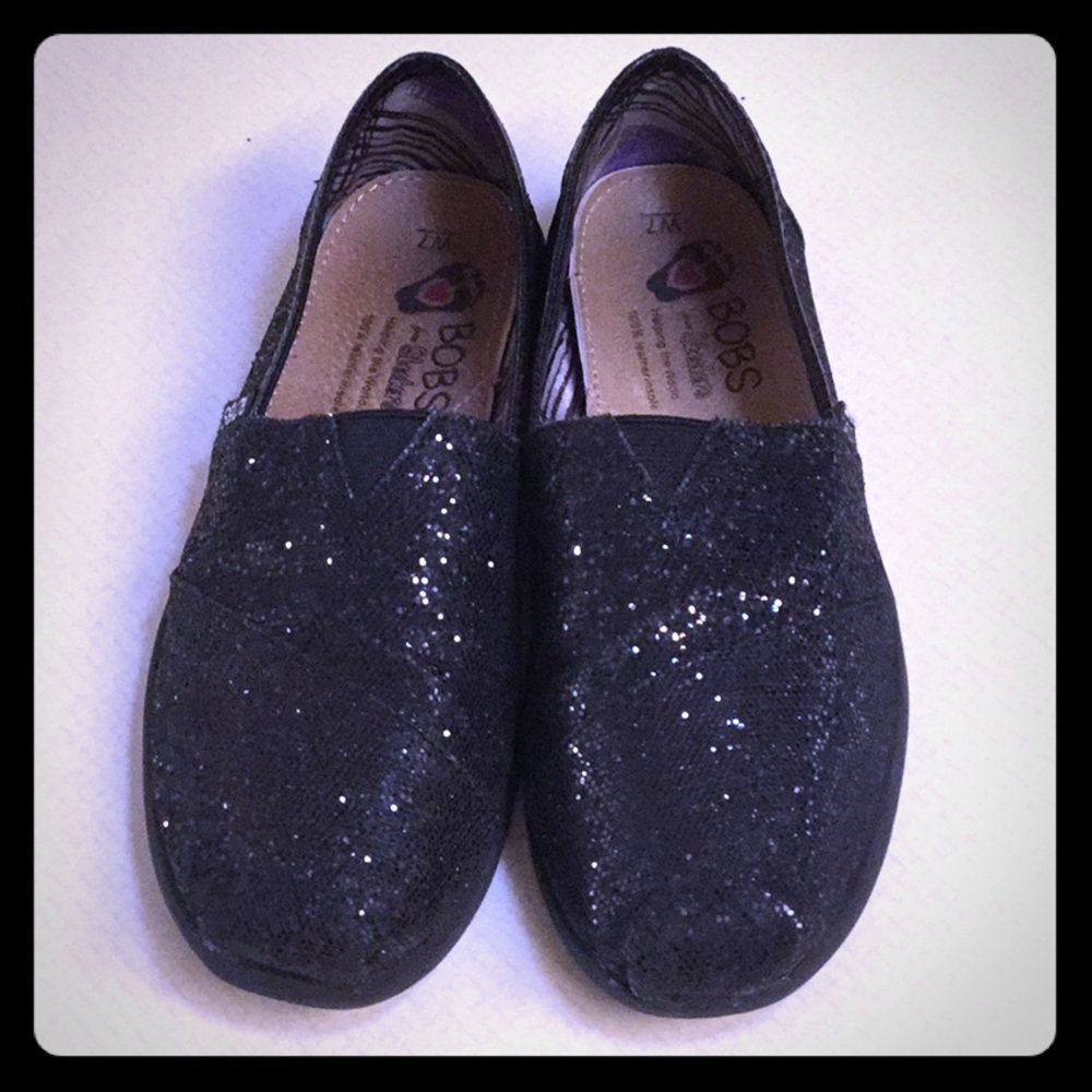 BOBS Sketchers Black Glitter Canvas Shoes. 7